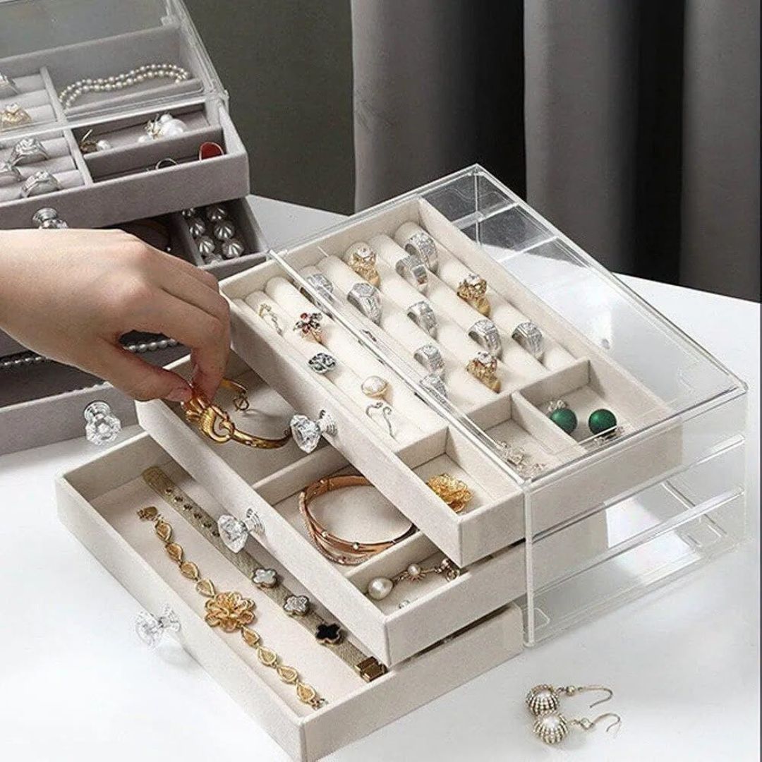 Boîte à Bijoux à 3 Niveaux avec Couvercle Transparent